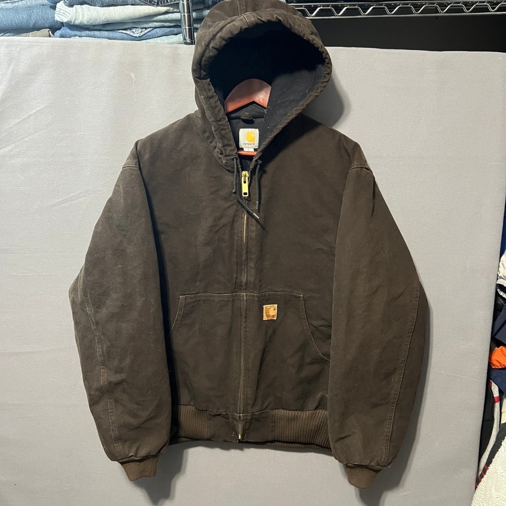 Carhartt Active Jacket Brown Duck Canvas Lined Hooded J130 DKB Dark Brown Large